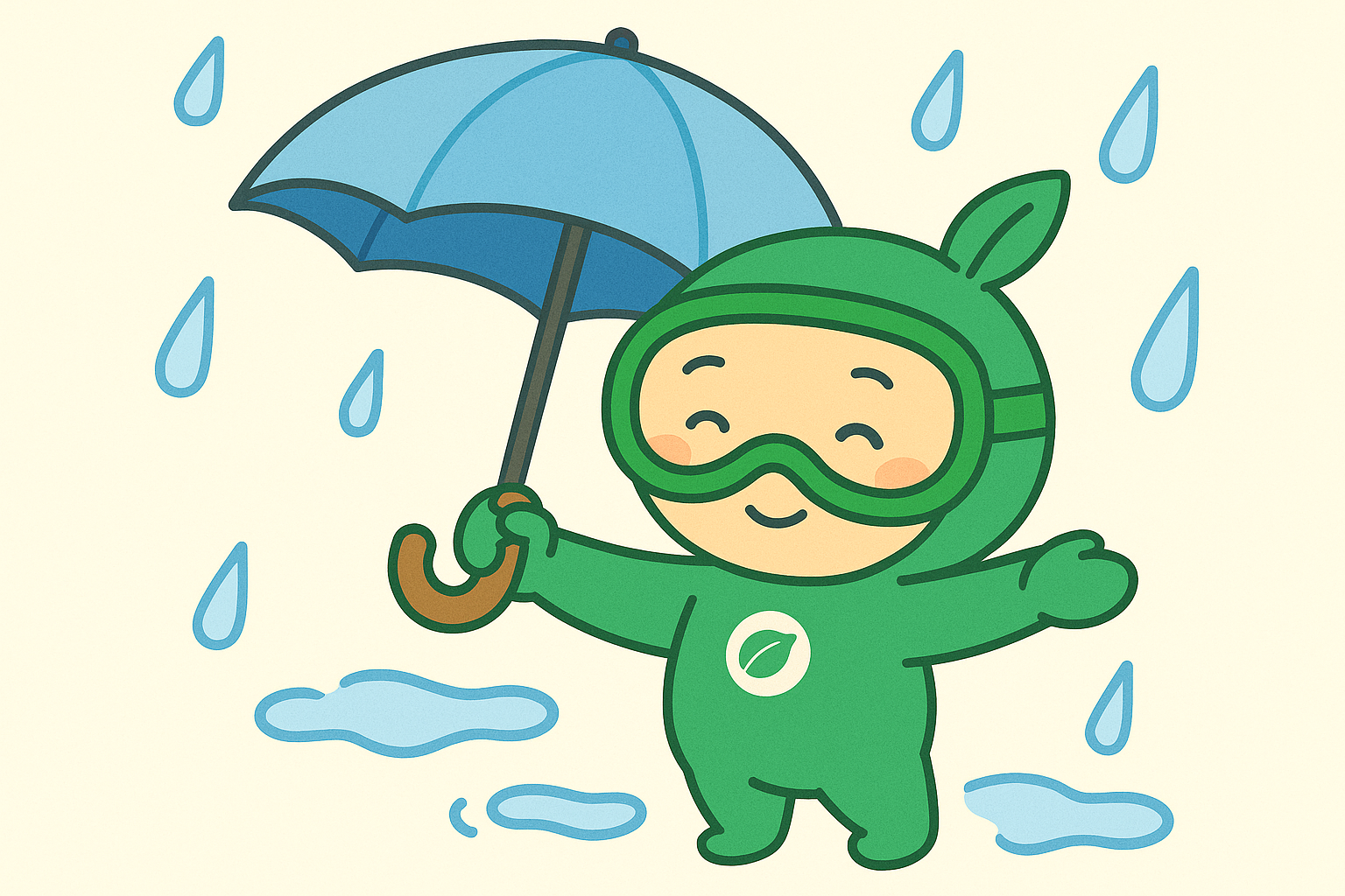 雨の日に傘をさして元気に出勤するブルーリーフくんのイラスト（沖縄恩納村・梅雨ダイビング）