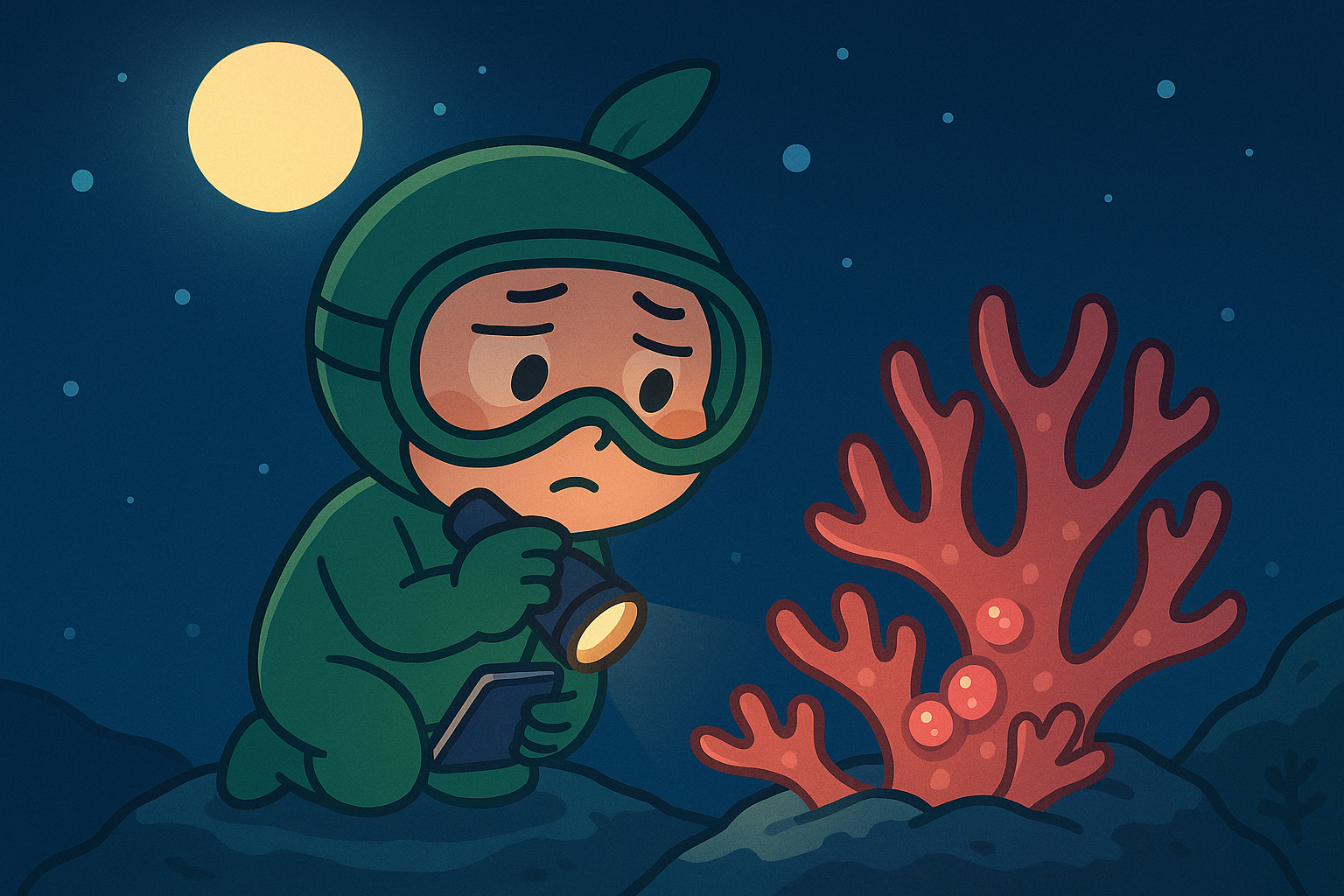 満月の夜、サンゴの産卵直前の様子をライトで見守るブルーリーフくんのイラスト(沖縄・恩納村)