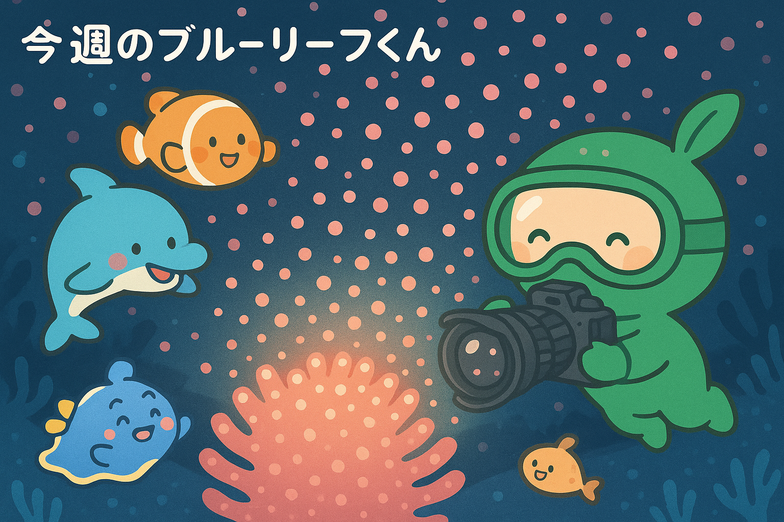 ピンクのサンゴ卵が舞う海中で、ブルーリーフくんと水中生物たちが産卵を祝っているイラスト