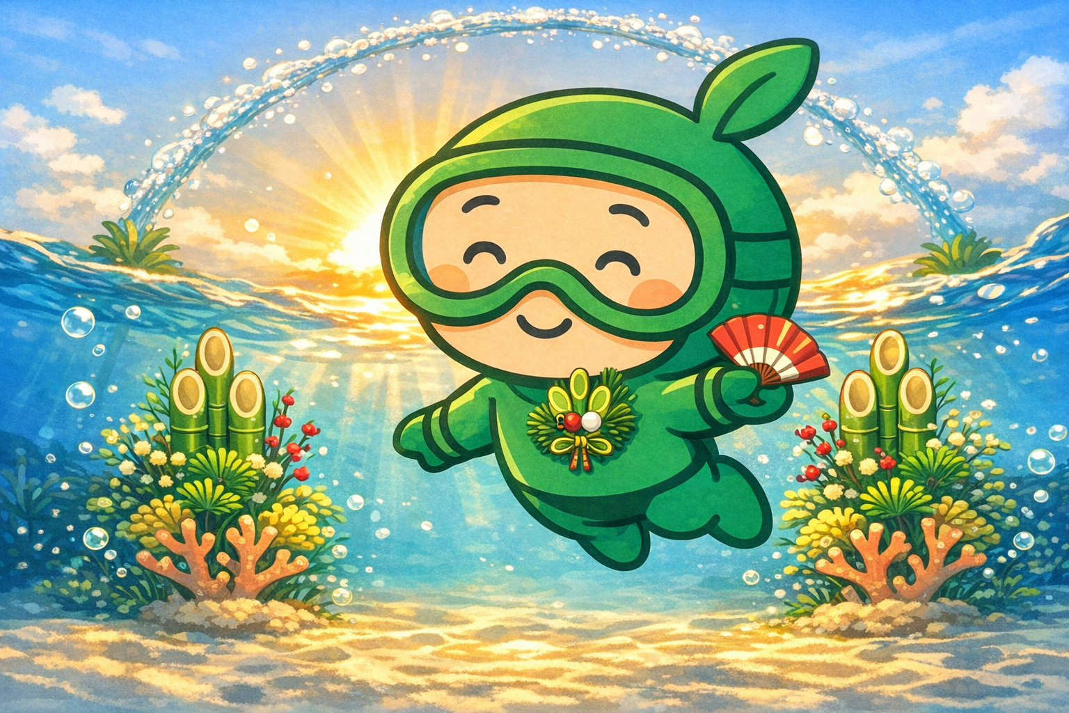 沖縄・恩納村の海を背景にした正月バージョンのブルーリーフくんのイラスト