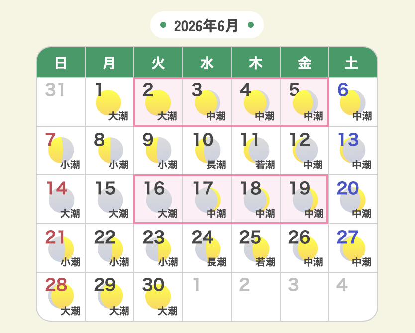 2026年6月のサンゴ産卵予想日（前半6/2〜6/5、後半6/16〜6/19）を示したカレンダー画像（沖縄・恩納村 ブルーリーフ）