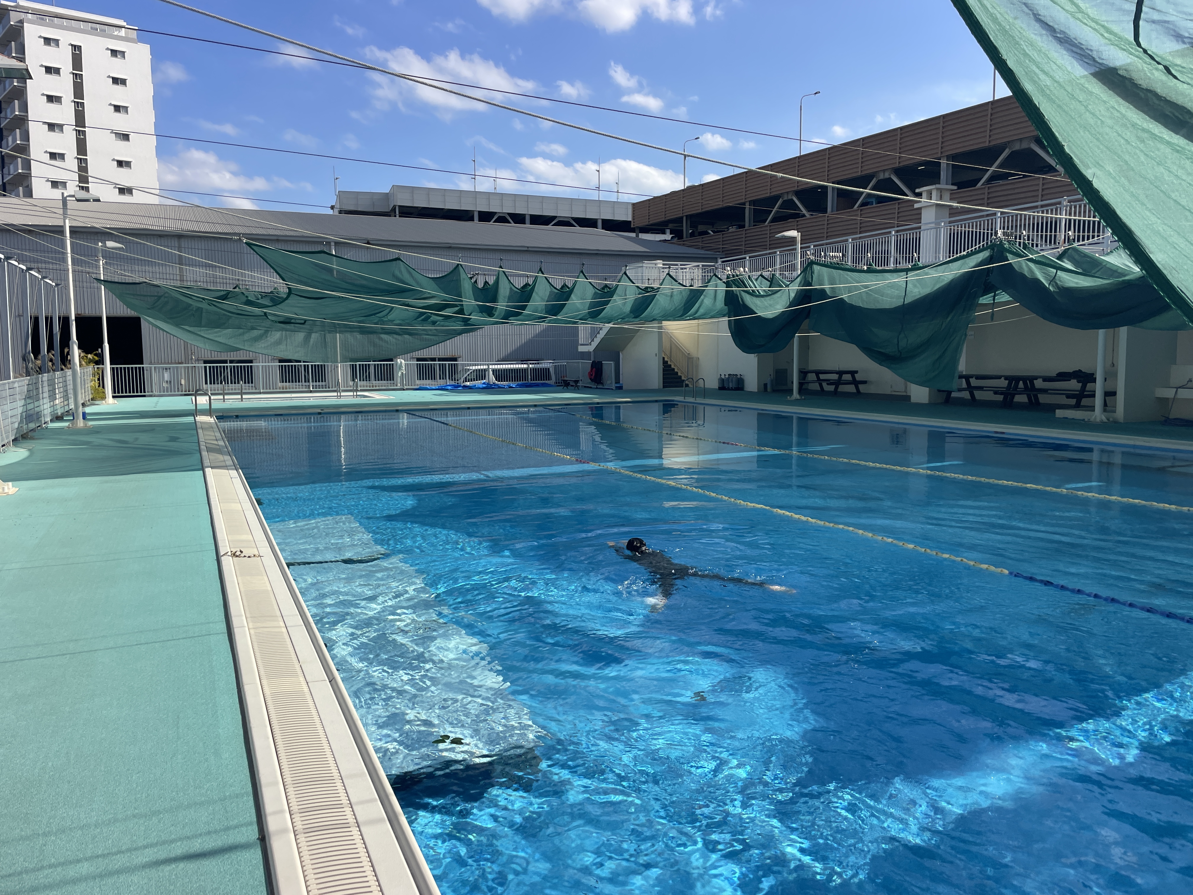 宜野湾マリン支援センターの屋外プールで、DM候補生が泳力スキルチェックの泳ぎを実施している様子