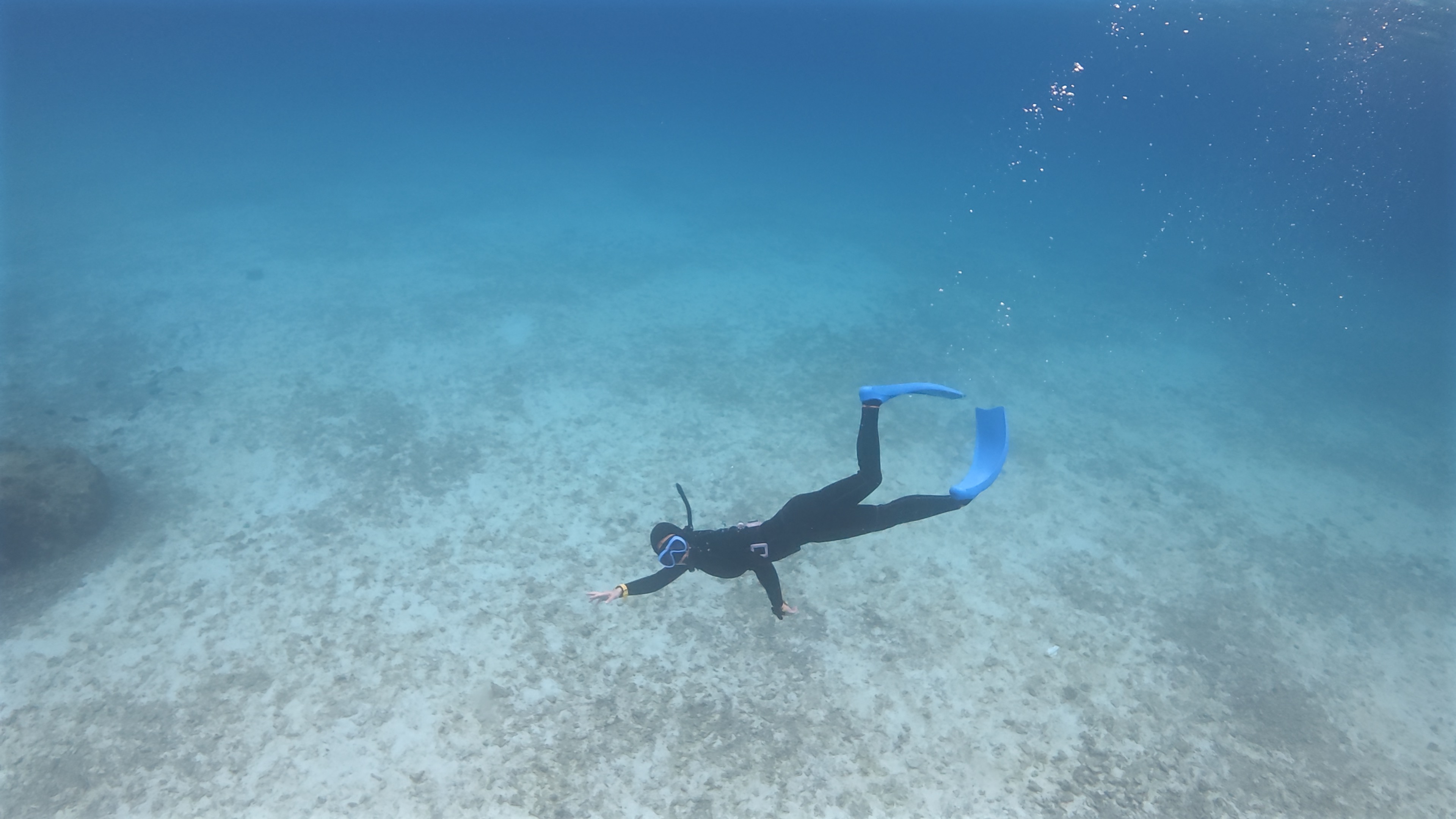 ブラスト法を使ってスキンダイブし、スノーケリングで安定して移動している様子